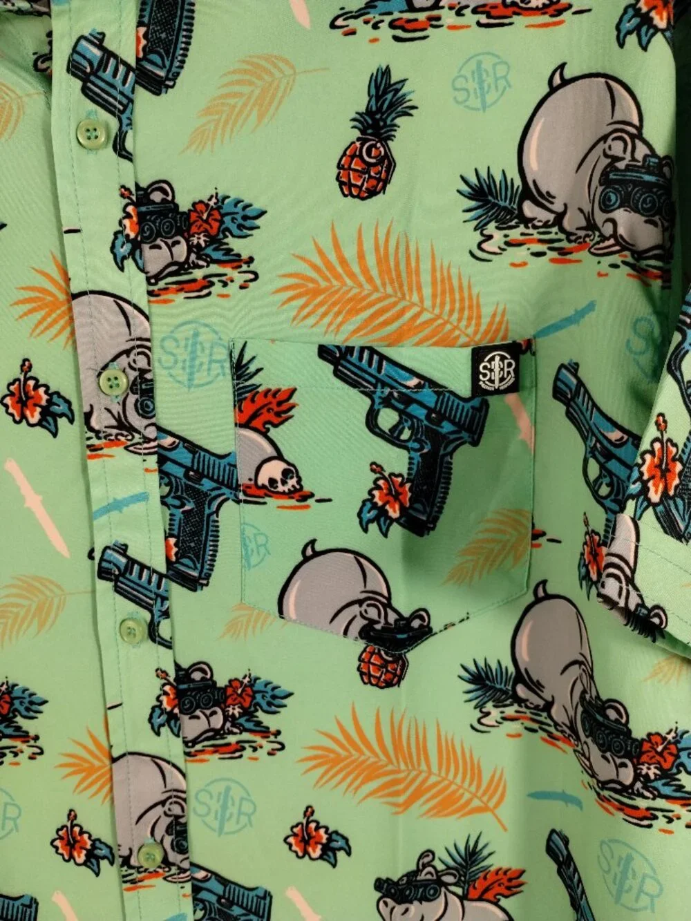 Nine Line x Sheepdog Response Hippo Hawaiian Shirt Green Size XL - Picture 10 of 10